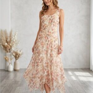 Dressbarn Size 14 Sleeveless Midi Dress Floral Damask Hanky Hem Chiffon Overlay